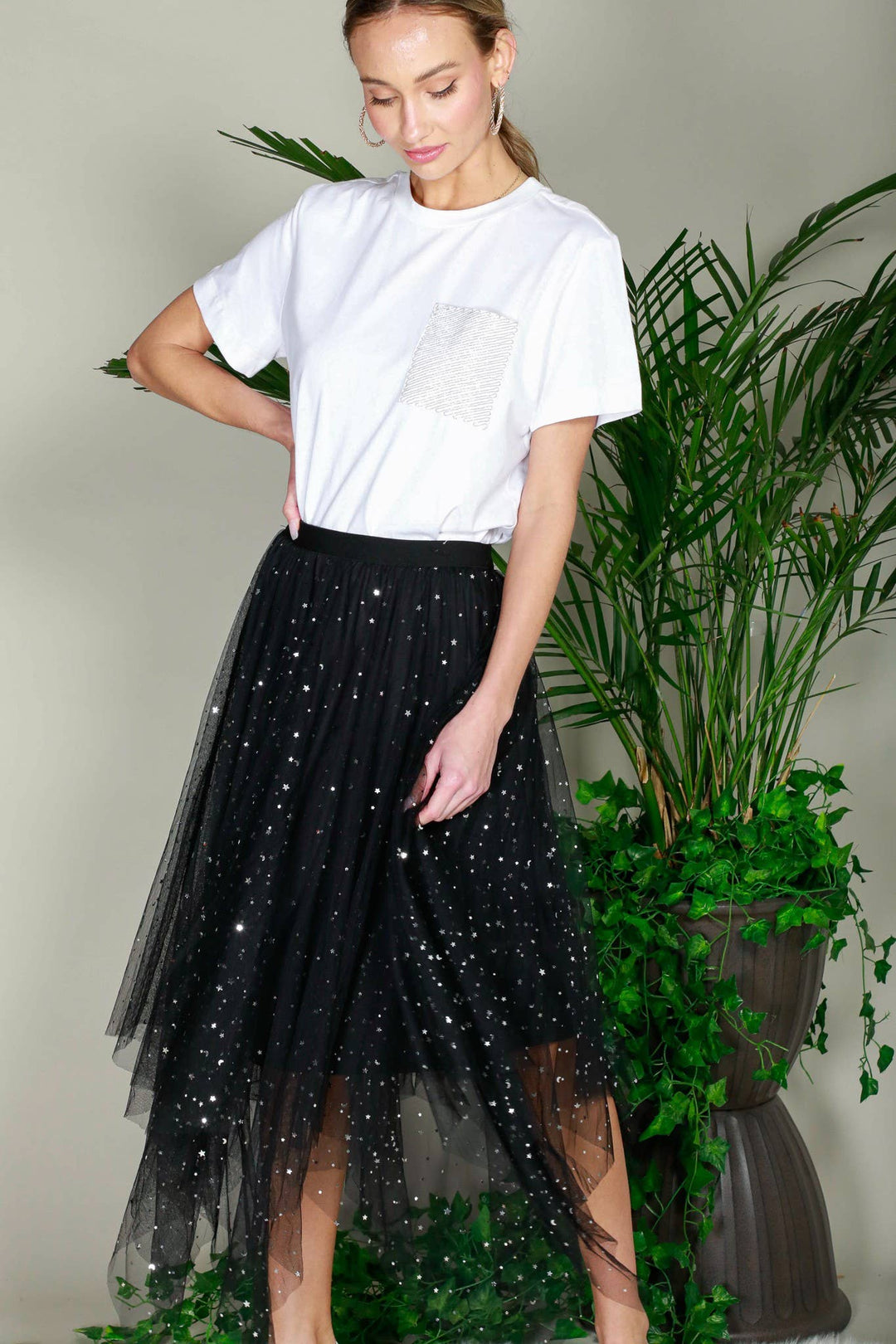 STAR PATTERNED TULLE MIDI SKIRT - BLACK