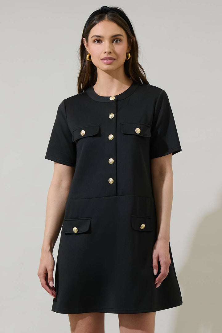 MILIANA BUTTON FRONT MINI SHIFT DRESS - BLACK