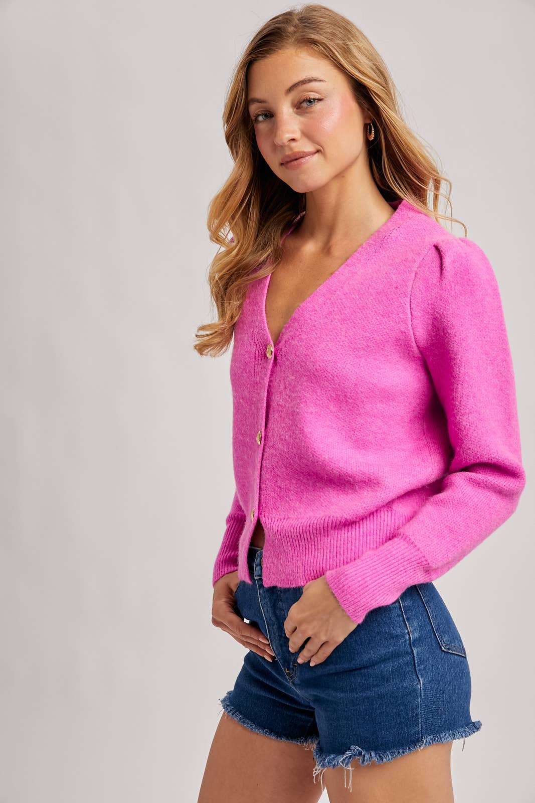 BUTTON DOWN V-NECK CARDIGAN: HOT PINK / S