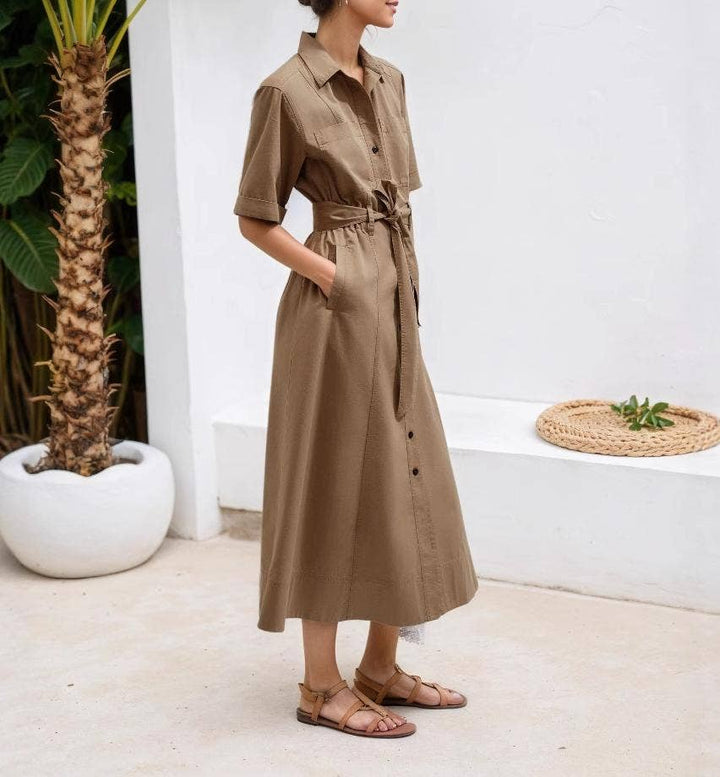 BUTTON DOWN MIDI SHIRT DRESS - KHAKI