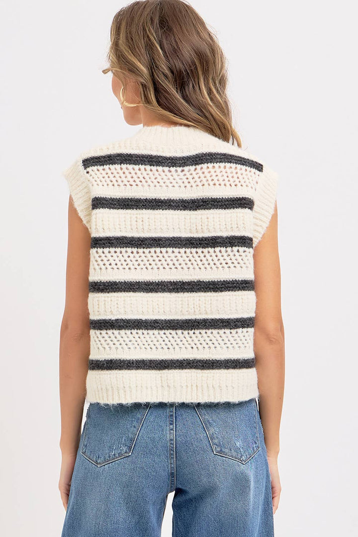 STRIPE SWEATER KNIT SLEEVELESS TOP - CREAM + NAVY