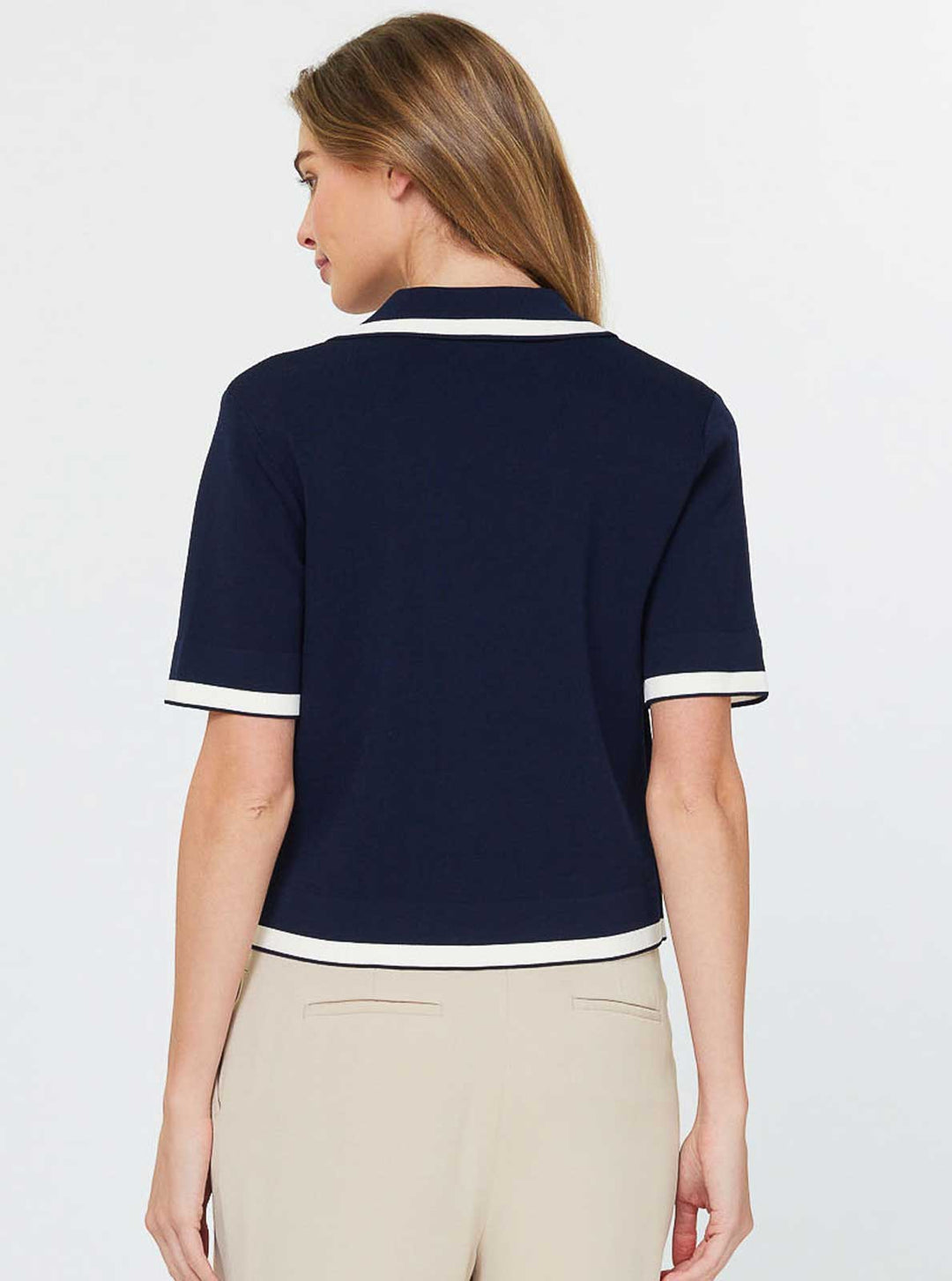 CONTRAST EDGE CROPPED SWEATER JACKET - NAVY