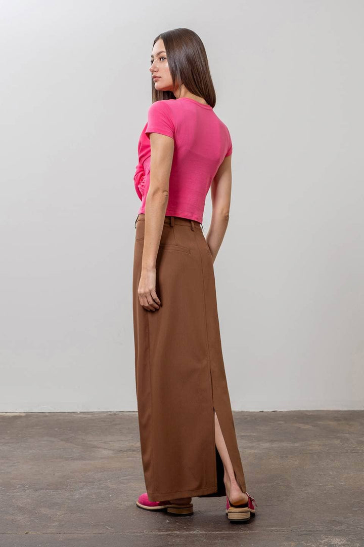 PANNELED BACK SLIT MAXI SKIRT - BROWN