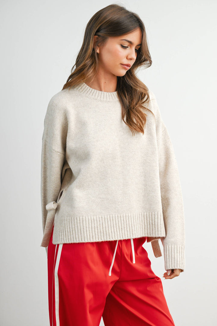 TIE SPLIT-HEM CREWNECK SWEATER - TAUPE