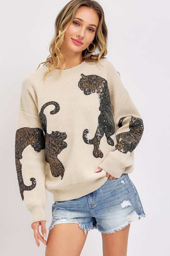 TIGER SEQUINS KNIT SWEATER - BEIGE