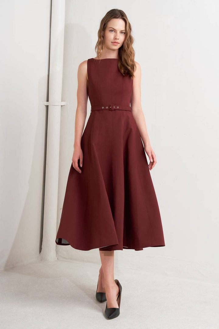 SOLID WOVEN MIDI DRESS - WINE