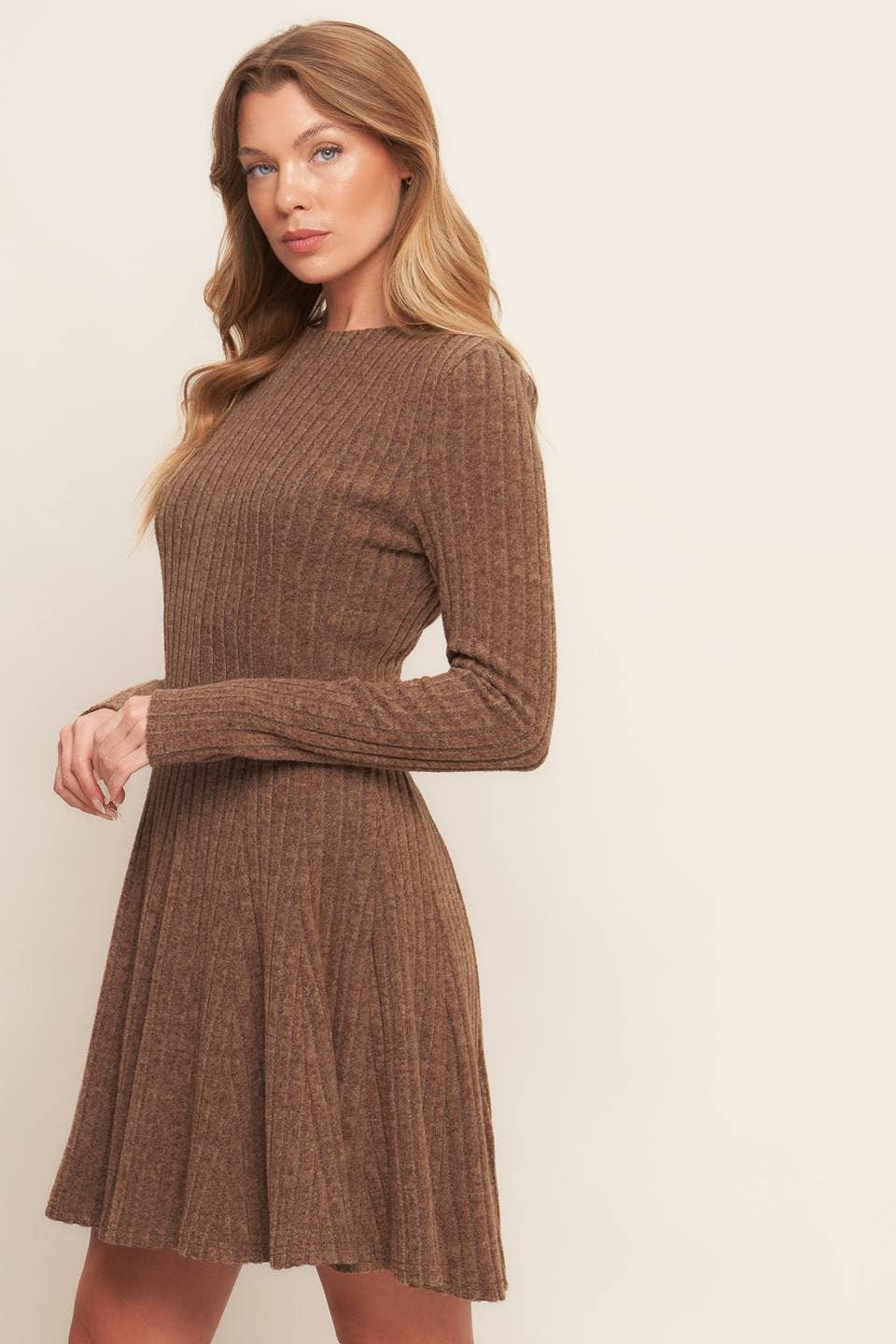 BRUSHED RIBBED KNIT MINI DRESS - BURNT TOFFEE