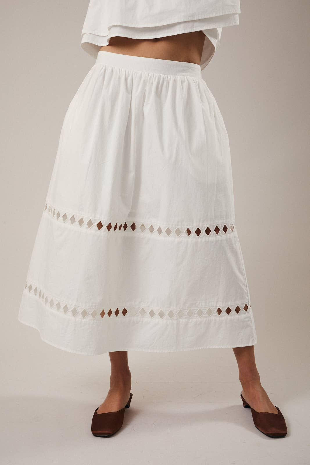 HIGH WAIST CUT OUT DETAIL MIDI SKIRT - MILK WHITE
