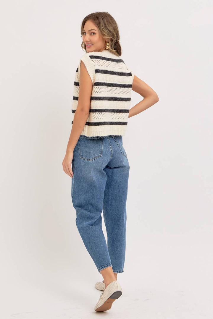 STRIPE SWEATER KNIT SLEEVELESS TOP - CREAM + NAVY