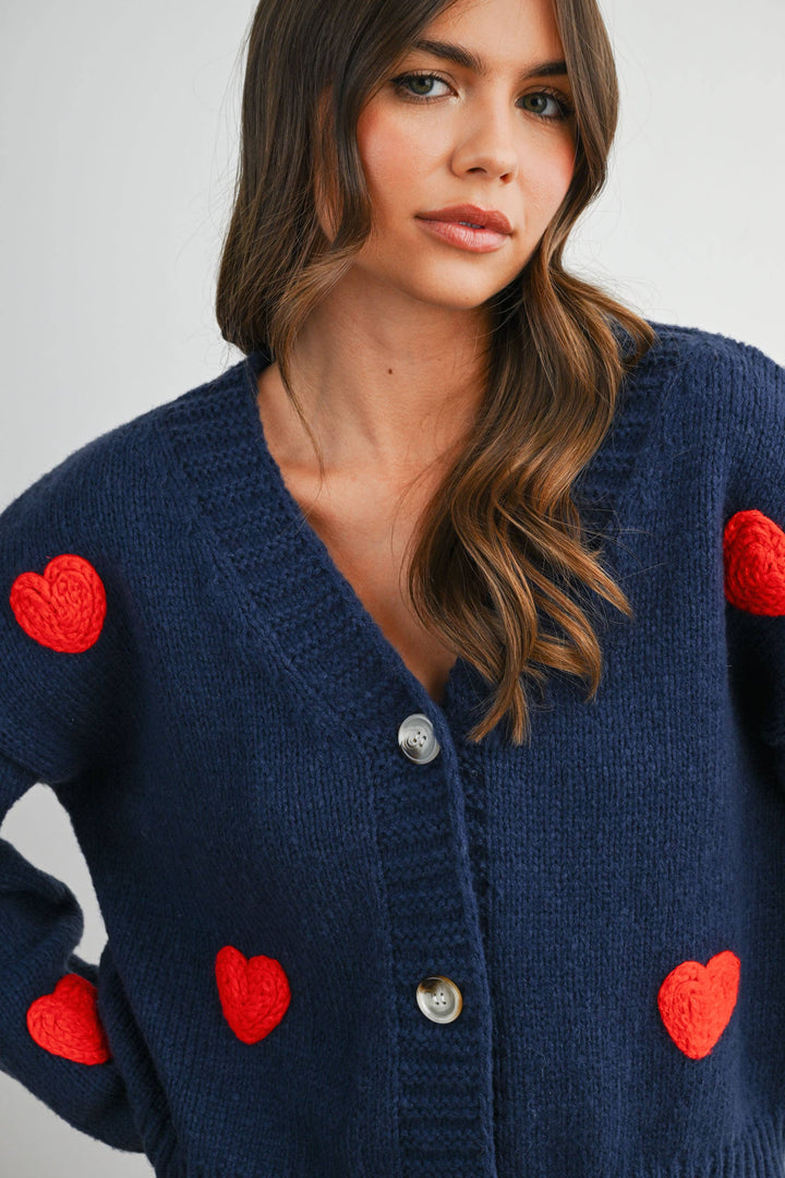HEART PATTERN CROP CARDIGAN - NAVY