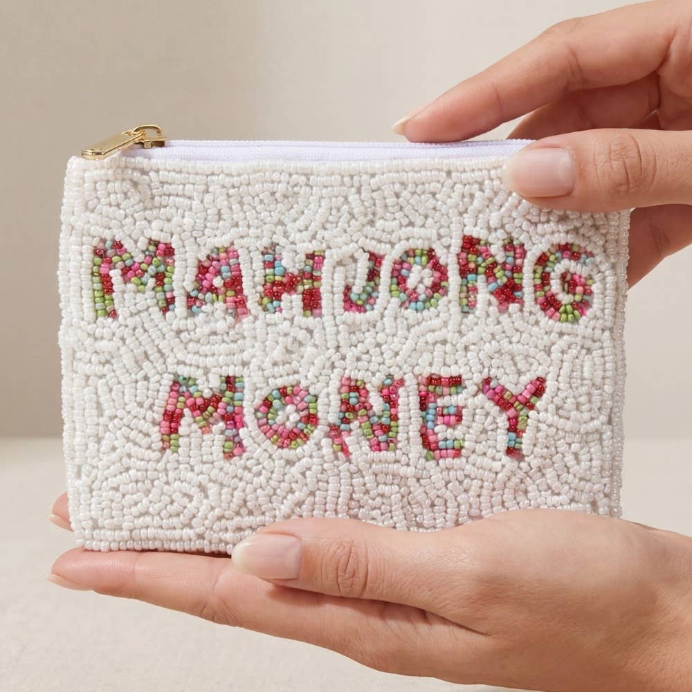 MAHJONG MONEY SEED BEAD COIN PURSE - WHITE