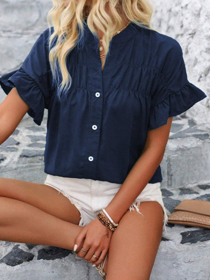 PLEATED BUTTON DOWN LINEN SHIRT - NAVY