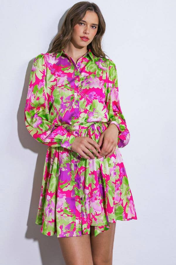 PRINTED WOVEN MINI DRESS BY FLYING TOMATO - PINK + GREEN