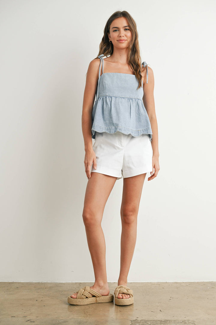 DENIM TIE STRAP PEPLUM TOP - LIGHT BLUE