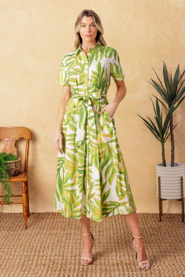 TROPICAL PALM PRINTED WOVEN MIDI DRESS - GREEN