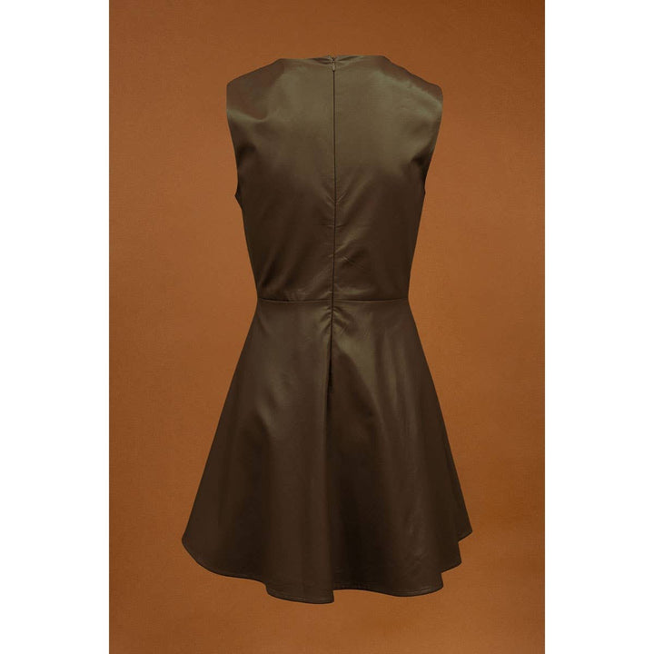 VEGAN LEATHER RACER NECK SKATER DRESS - OLIVE