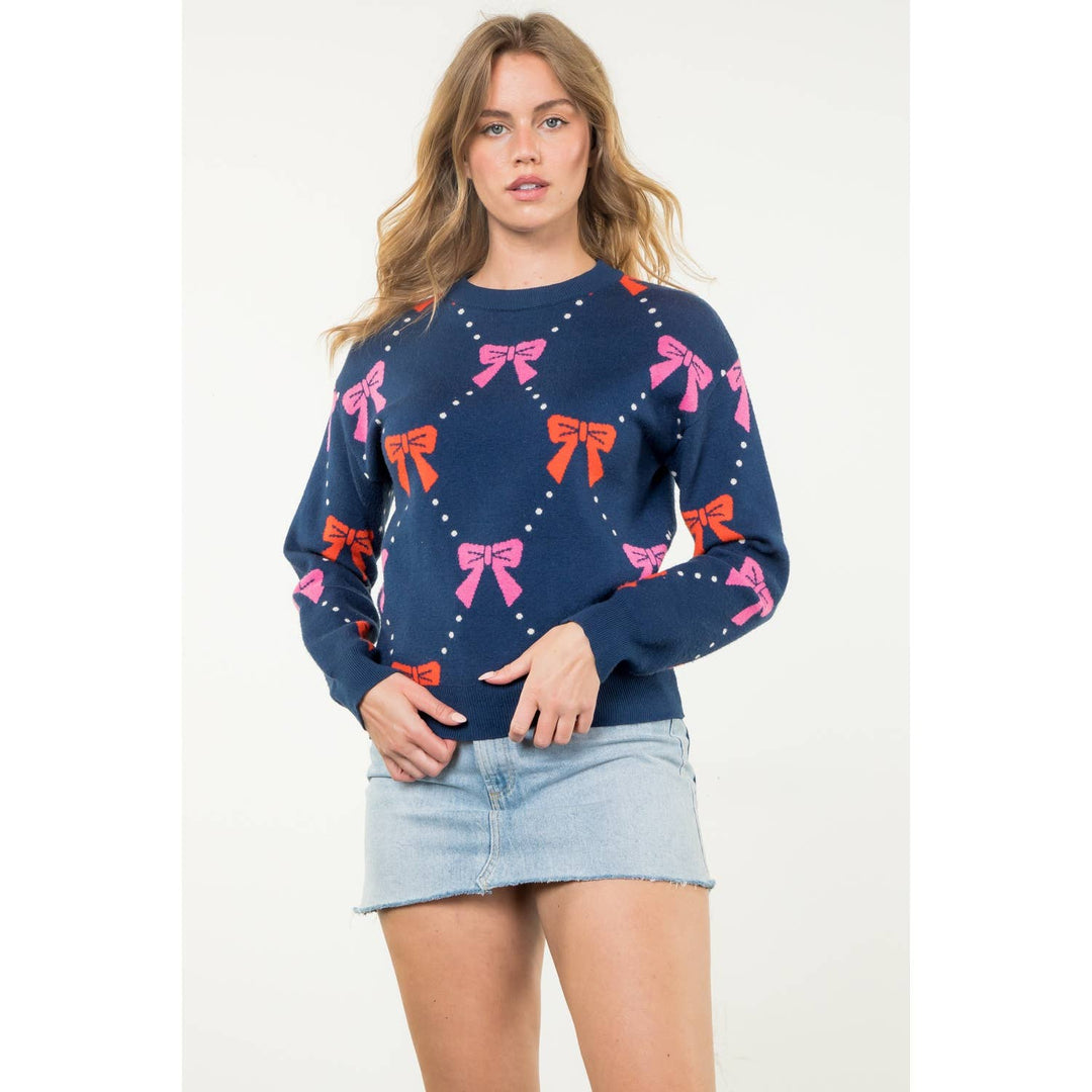 RIBBONS + BOWS KNIT SWEATER - NAVY