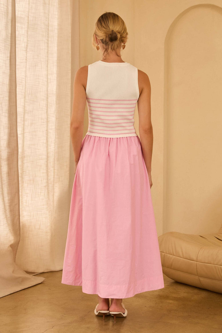 SLEEVELESS MIXED MEDIA DRESS - WHITE + PINK