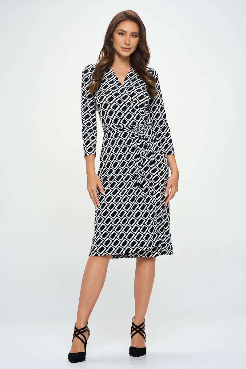 GEOMETRIC PRINT JERSEY WRAP DRESS - BLACK