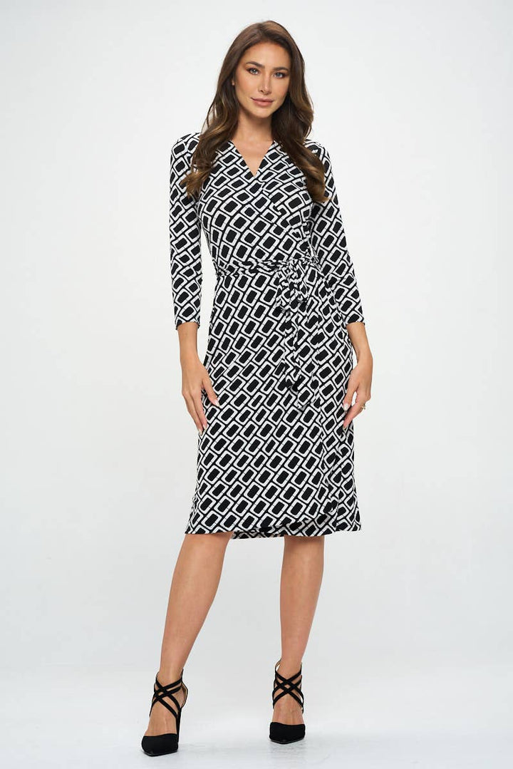 GEOMETRIC PRINT JERSEY WRAP DRESS - BLACK