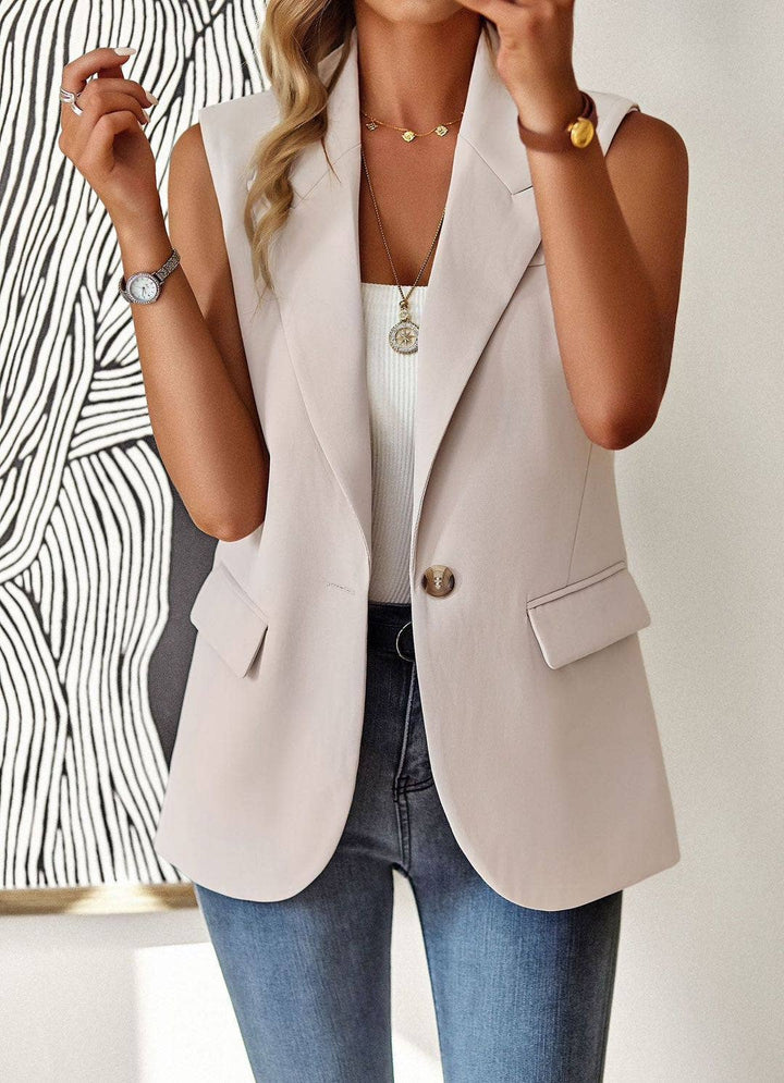 SLEEVELESS ONE BUTTON BLAZER - TAN