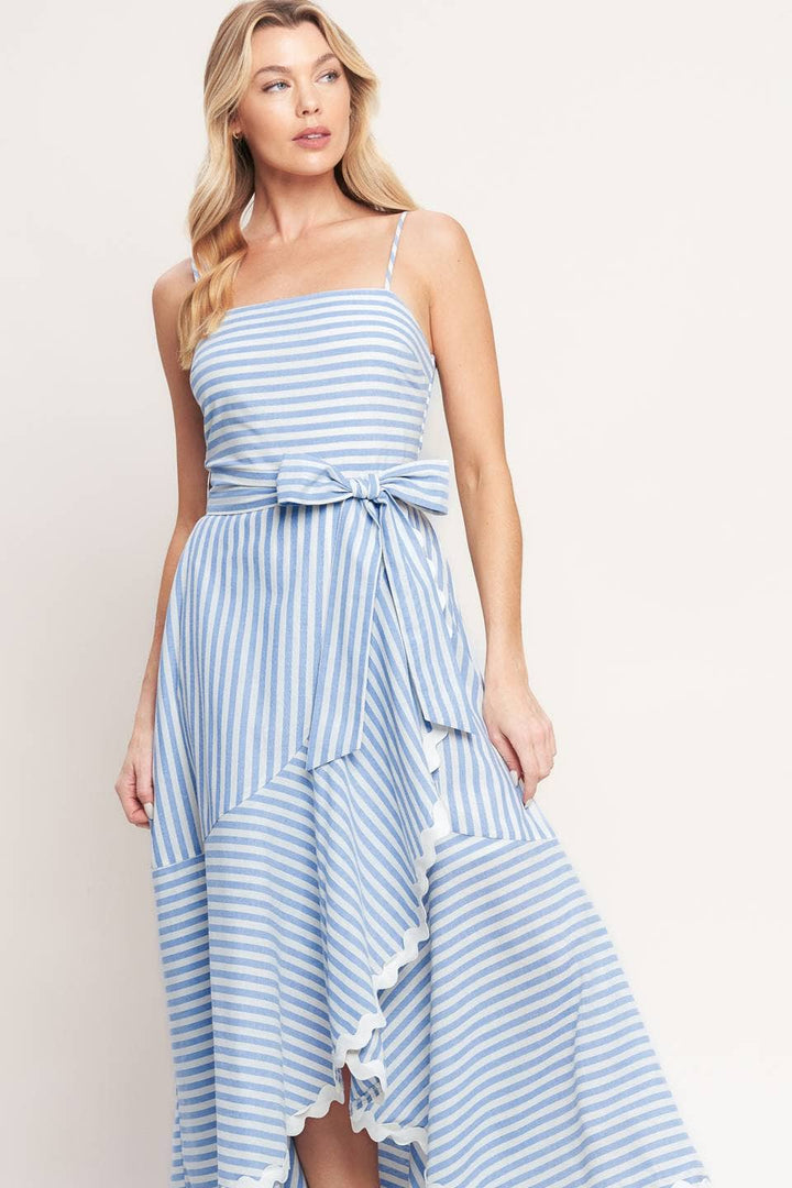 STRIPED FAUX WRAP RIC RAC MIDI DRESS - BLUE + WHITE