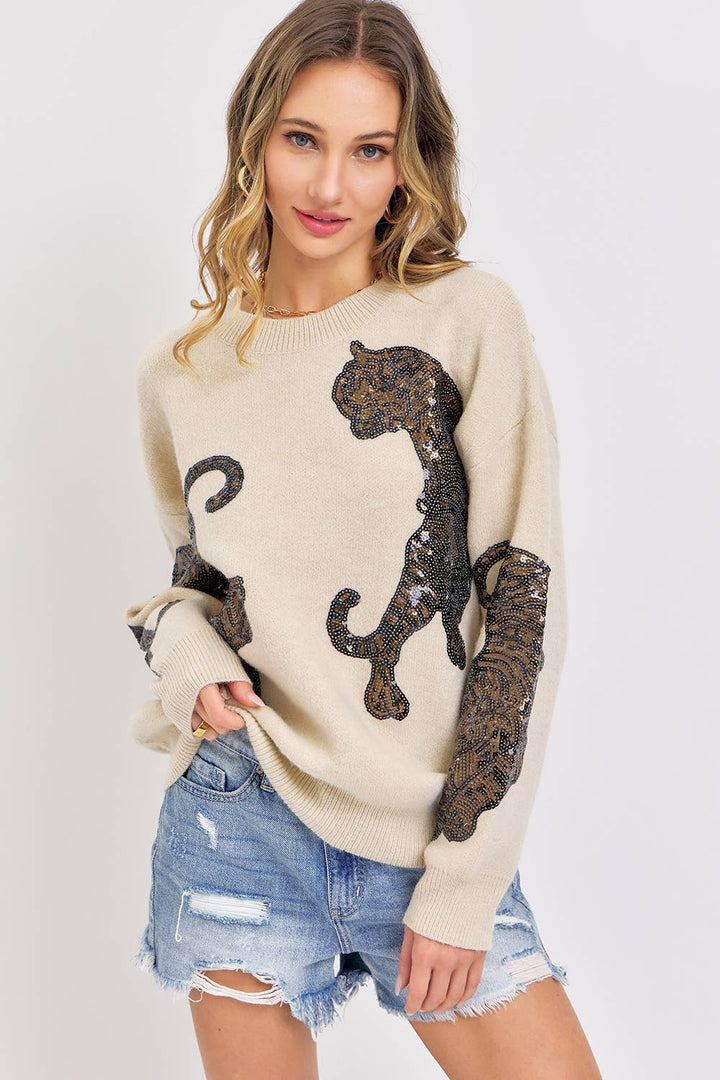 TIGER SEQUINS KNIT SWEATER - BEIGE