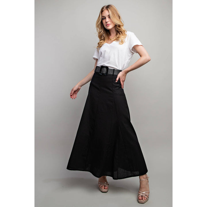 SWEET GENERIS LINEN MAXI FLARE SKIRT + BELT - BLACK