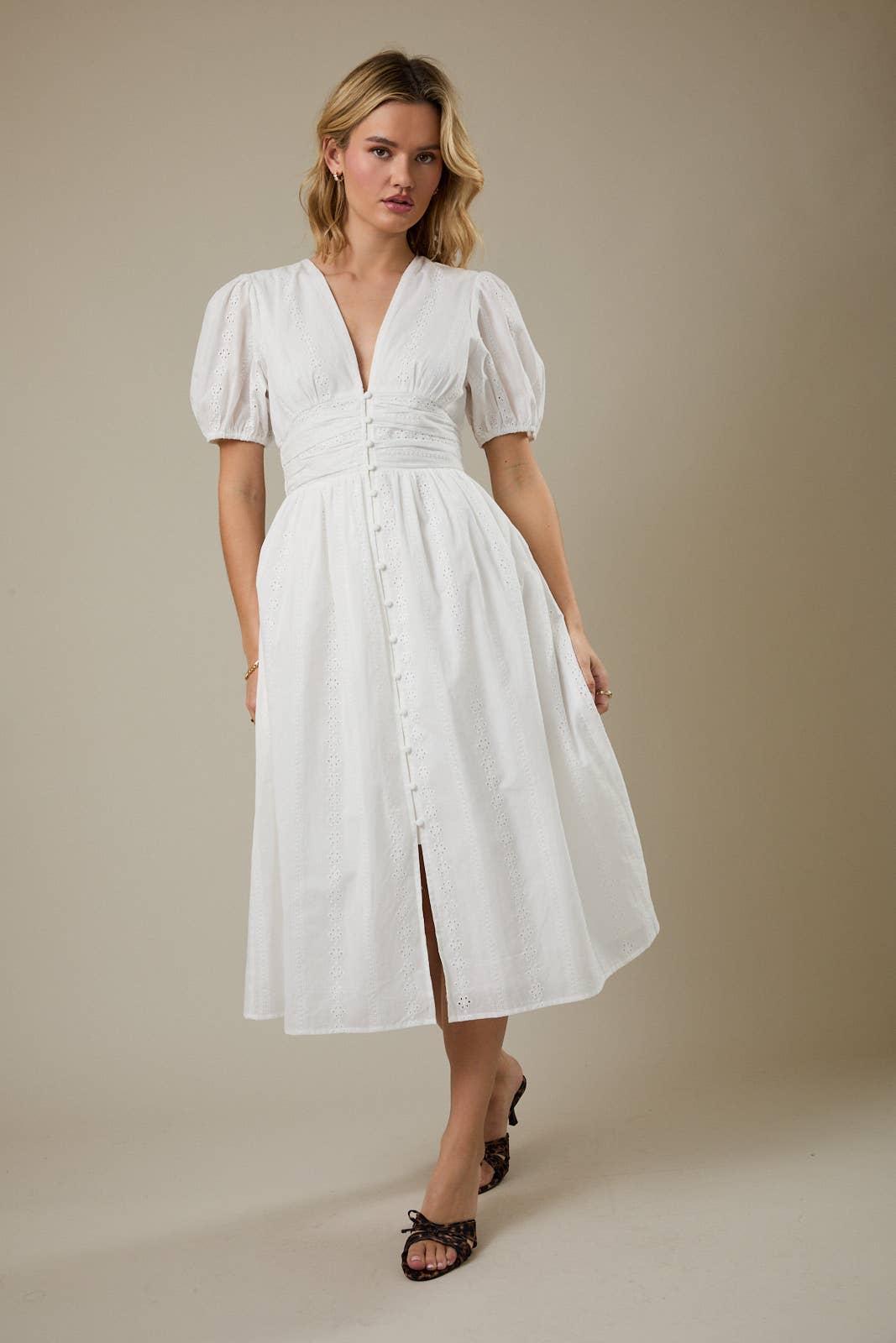 BUTTON DOWN FIT + FLARE EYELET MIDI DRESS - WHITE