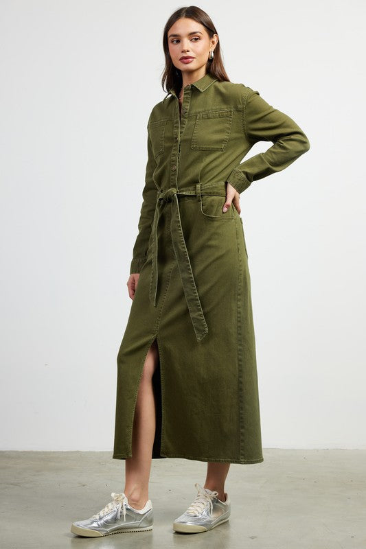 COTTON TWILL MIDI DRESS - OLIVE