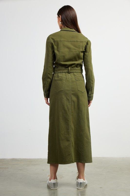 COTTON TWILL MIDI DRESS - OLIVE