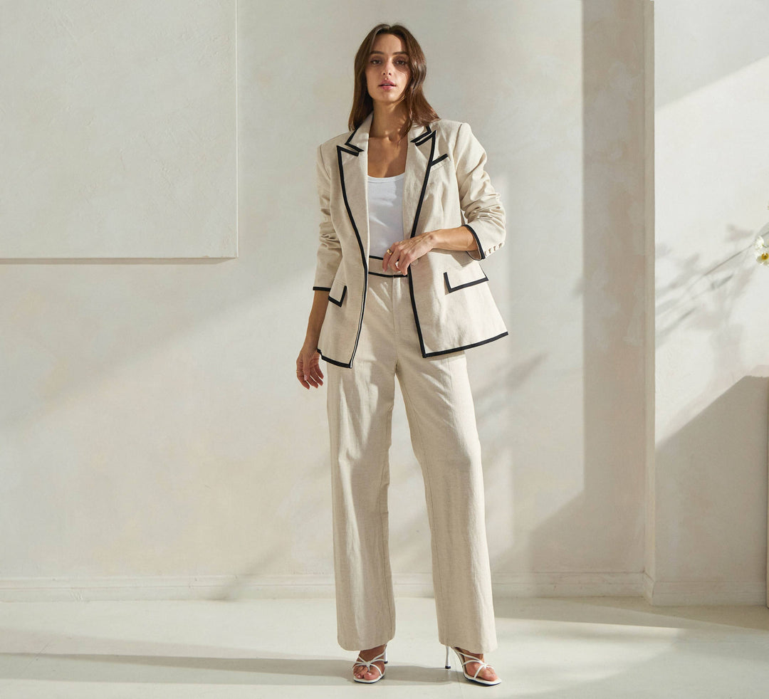 CONTRAST TRIM LINEN BLAZER - BEIGE + BLACK