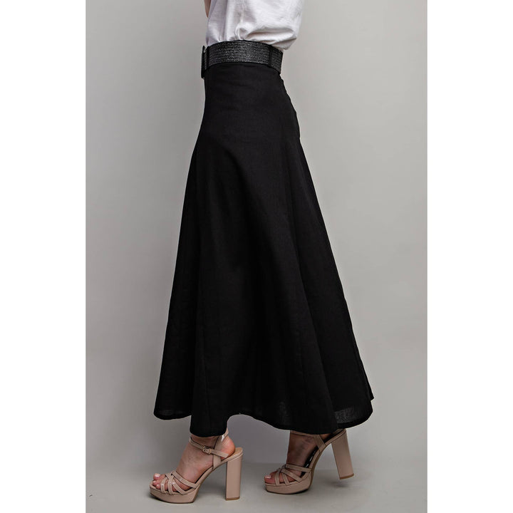 SWEET GENERIS LINEN MAXI FLARE SKIRT + BELT - BLACK