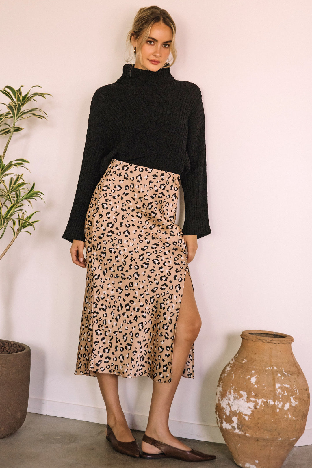 LEOPARD SATIN MIDI SKIRT - BEIGE