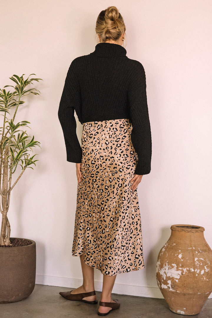 LEOPARD SATIN MIDI SKIRT - BEIGE