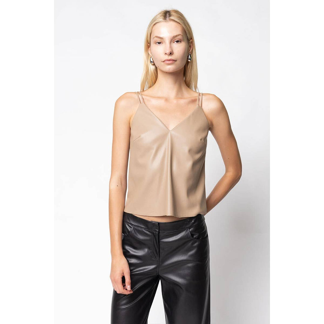 VEGAN LEATHER RAW EDGE CAMI - TAN