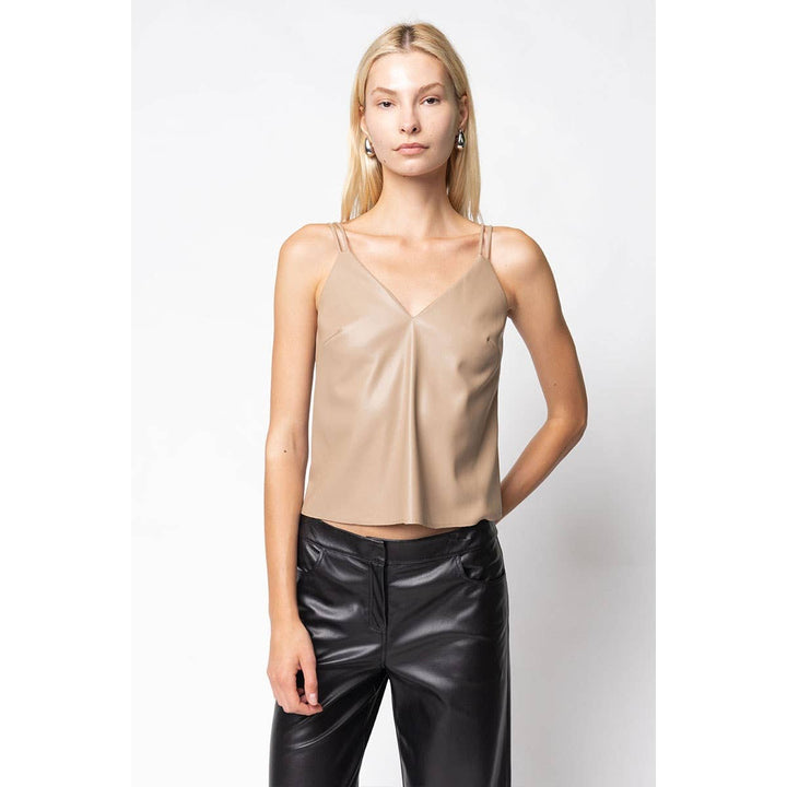 VEGAN LEATHER RAW EDGE CAMI - TAN