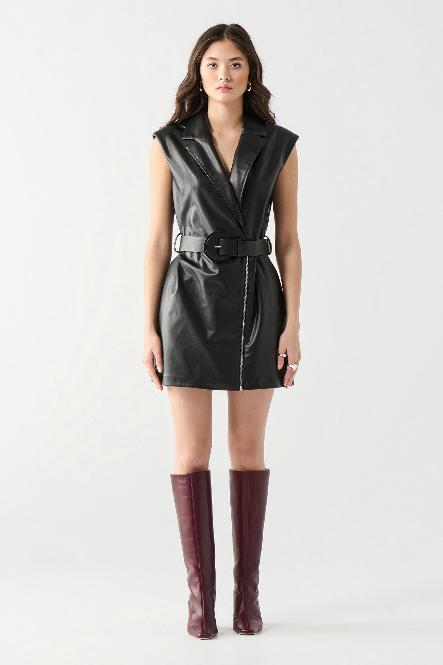 BELTED WRAP VEGAN LEATHER MINI DRESS - BLACK