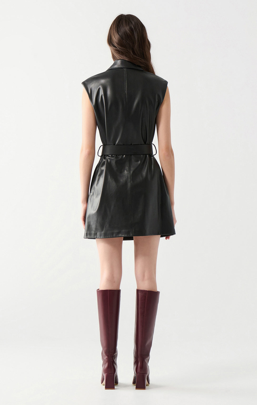 BELTED WRAP VEGAN LEATHER MINI DRESS - BLACK