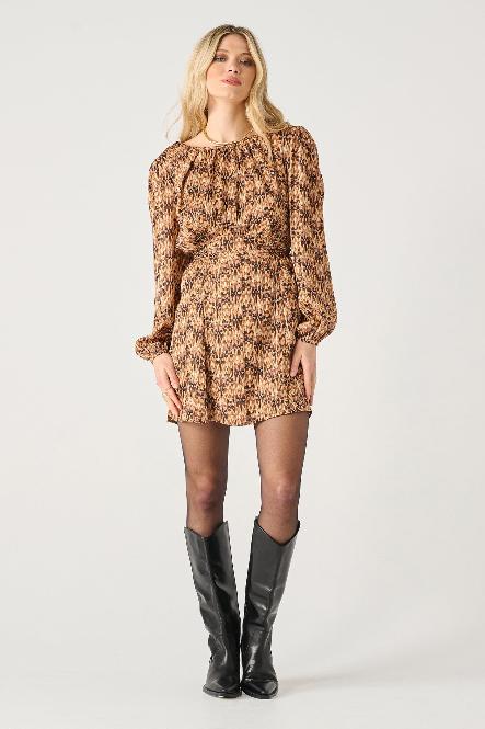 LONG SLEEVE LACE UP + SMOCKED DETAIL MINI DRESS - BRONZE GLIMMER