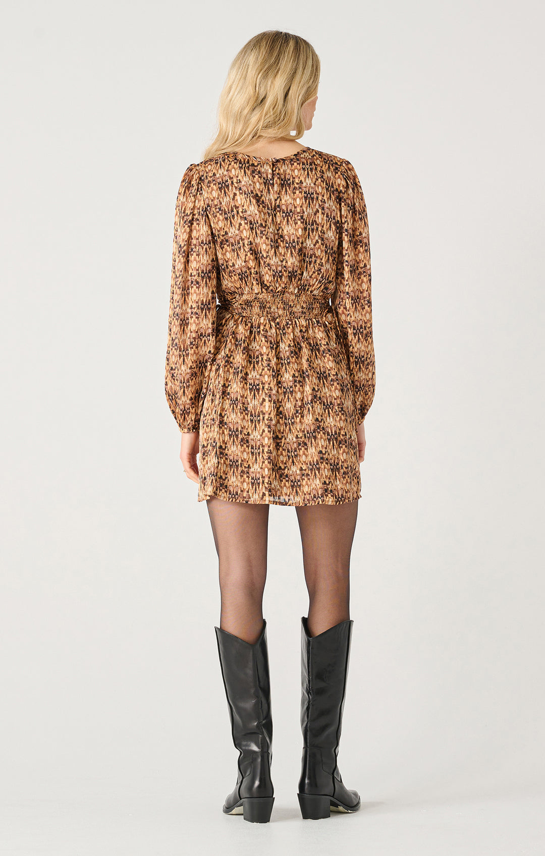 LONG SLEEVE LACE UP + SMOCKED DETAIL MINI DRESS - BRONZE GLIMMER