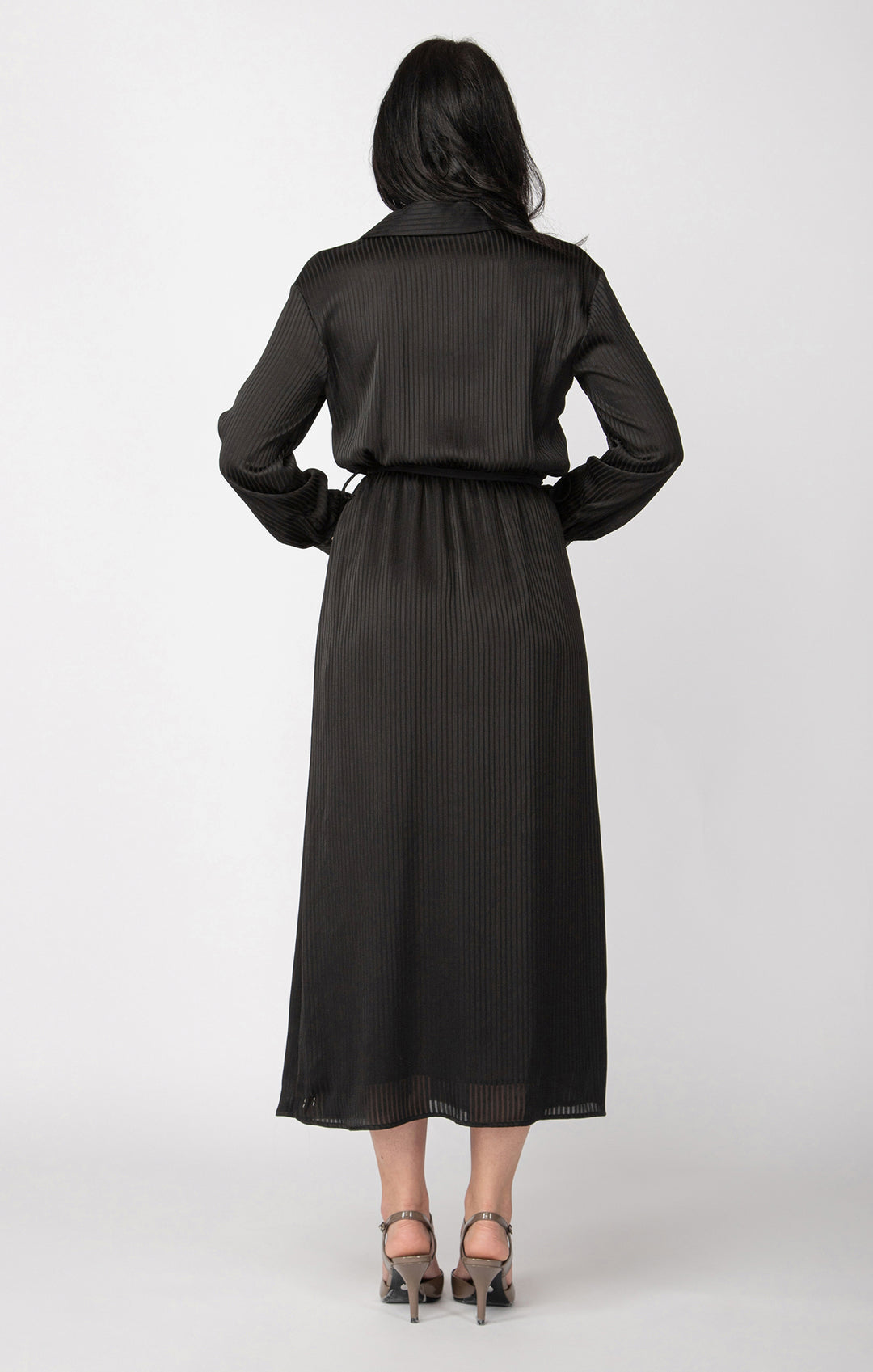 LONG SLEEVE BUTTON DOWN BELTED MIDI DRESS - BLACK