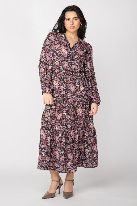 LONG SLEEVE WRAP MIDI DRESS BY BLACK TAPE - BLACK FLORAL