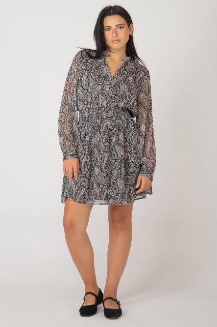 LONG SLEEVE SMOCKED WAIST MINI DRESS - DARK PAISLEY