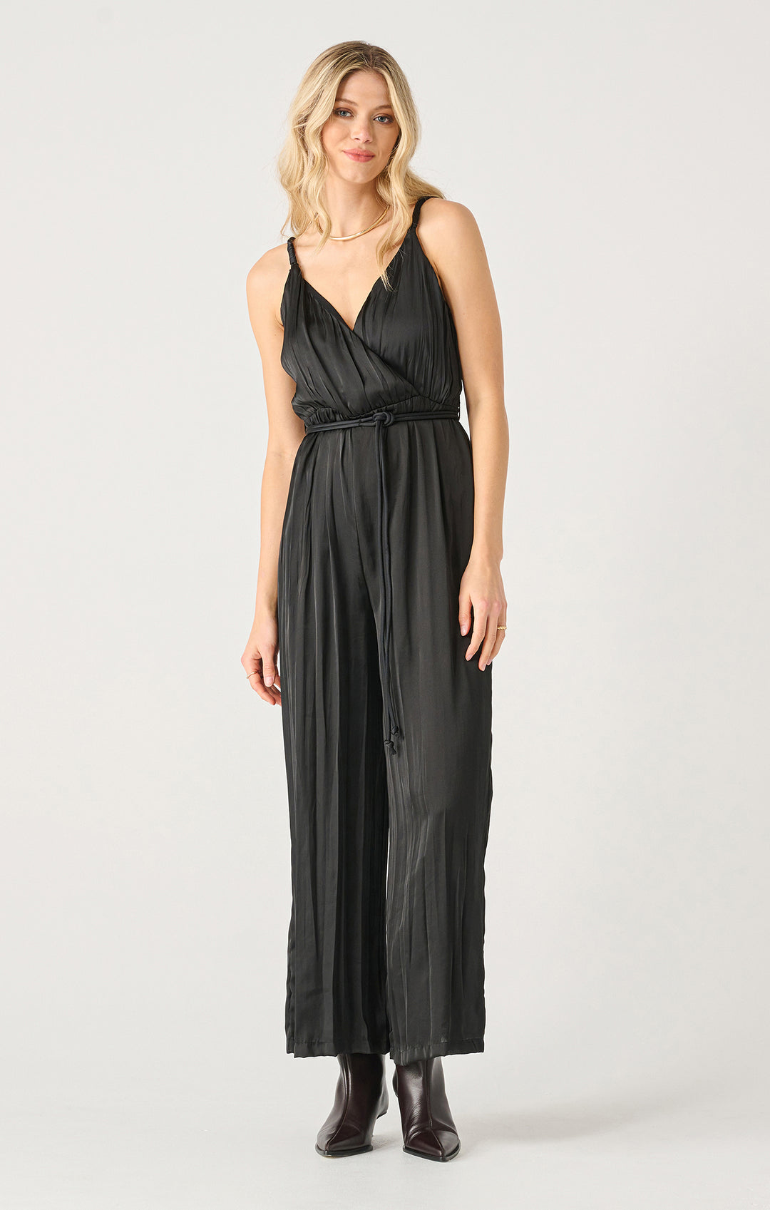 TWISTED STRAP FAUX WRAP CRINKLED JUMPSUIT - BLACK