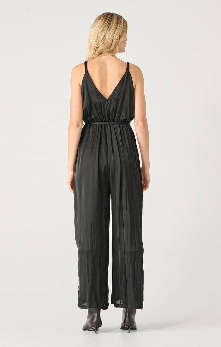 TWISTED STRAP FAUX WRAP CRINKLED JUMPSUIT - BLACK