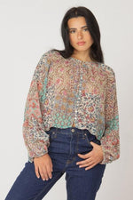 BLACK TAPE PATCHWORK FLORAL SMOCK DETAILED BLOUSE - MULTI