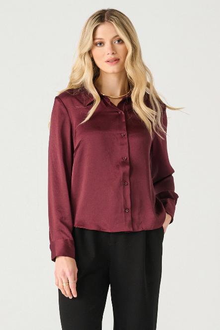 FLOWY SATIN LONG SLEEVE BLOUSE - BURGUNDY