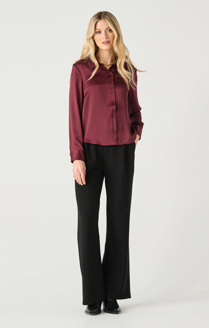 FLOWY SATIN LONG SLEEVE BLOUSE - BURGUNDY