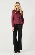 FLOWY SATIN LONG SLEEVE BLOUSE - BURGUNDY